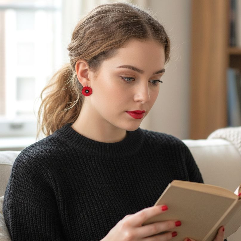 Χειροποίητα Ασημένια Κρεμαστά Σκουλαρίκια Κόκκινες Παπαρούνες Μικρές