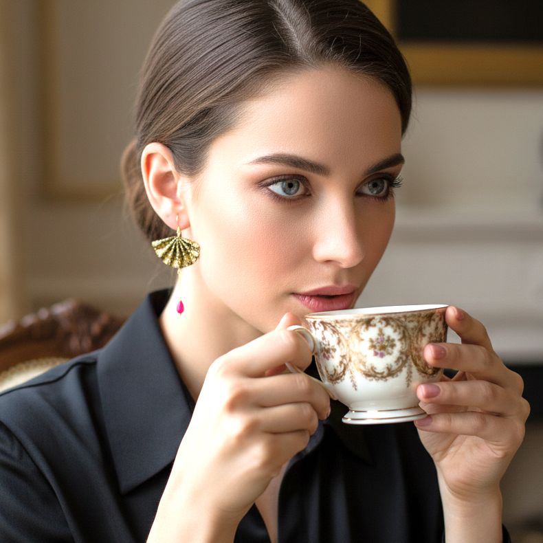 Origami Earrings Black Gold Small Fans With Gemstones - Anthos Crafts