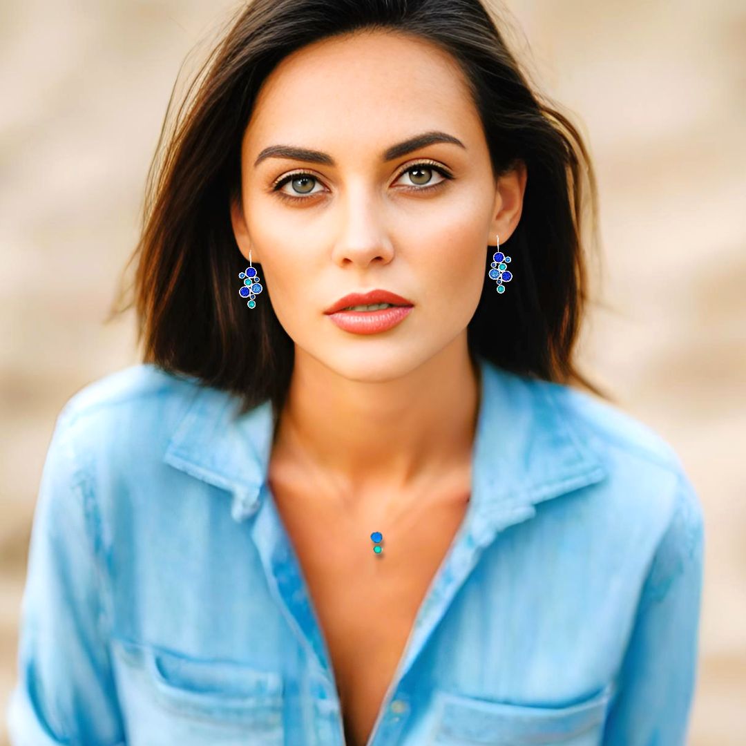 Handmade Silver Drop Earrings with Shades Of Blue & Turquoise Enamel Bubbles - Anthos Crafts