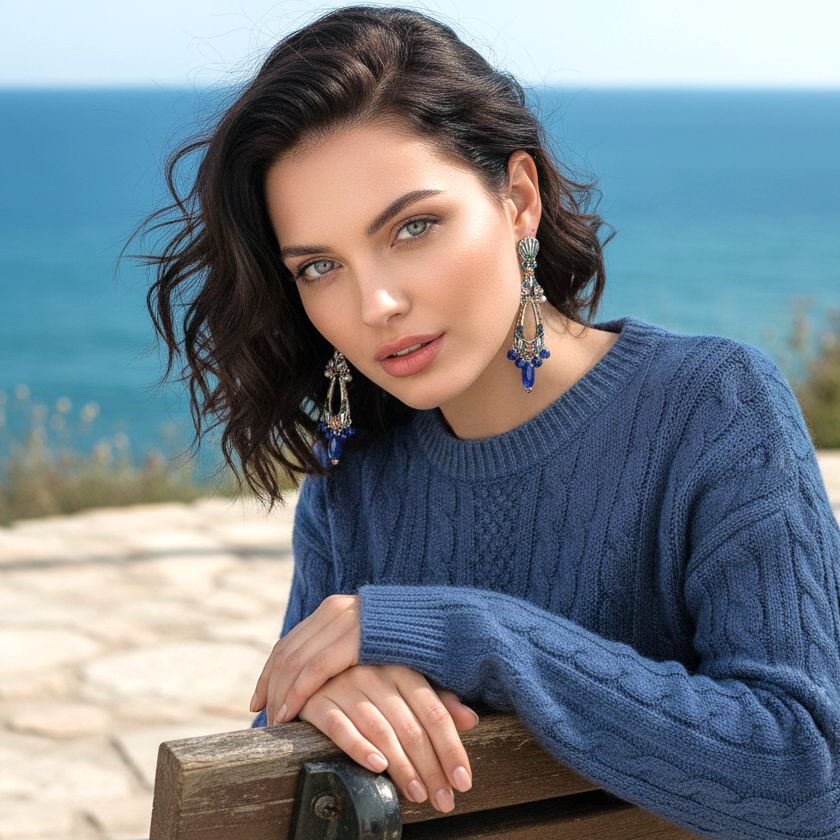 Χειροποίητα Σκουλαρίκια Blue Domes Set, Long Blue Glass, Athena