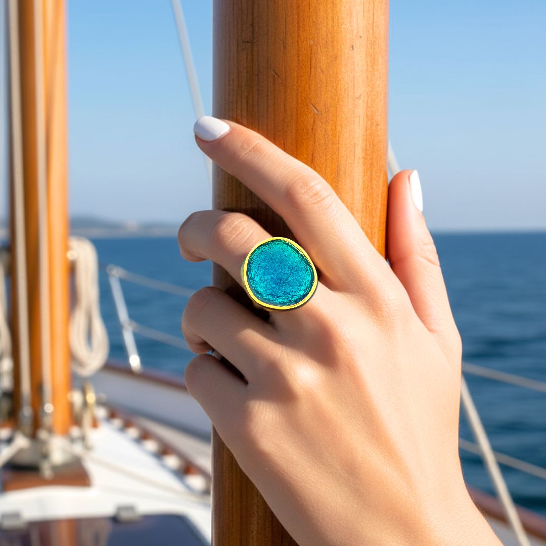Handmade Gold Plated Silver Enamel Ring Turquoise Pebble - Anthos Crafts