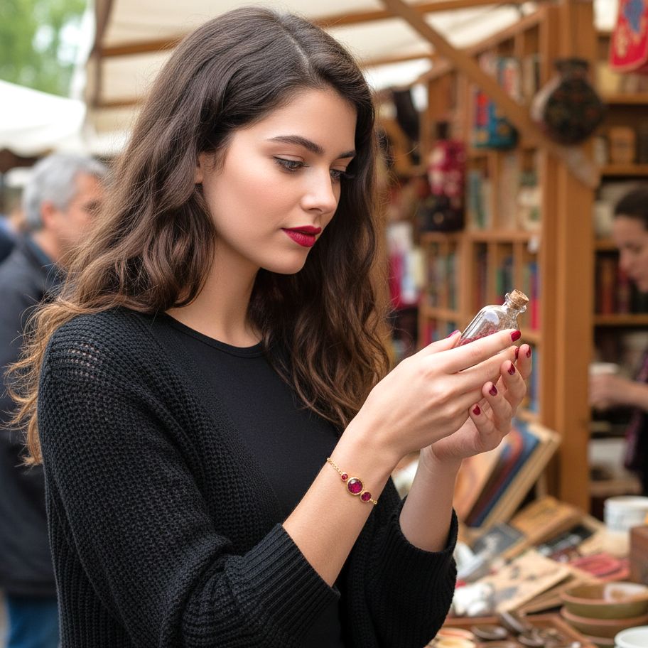 Bracciale fatto a mano in argento placcato oro con design in smalto con sfumature rosse 3 Pebbles