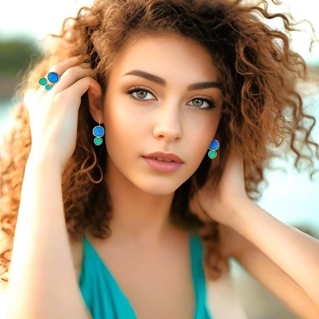 Handmade Gold Plated Silver Drop Earrings with Turquoise &amp; Green Enamel Pebbles - Anthos Crafts