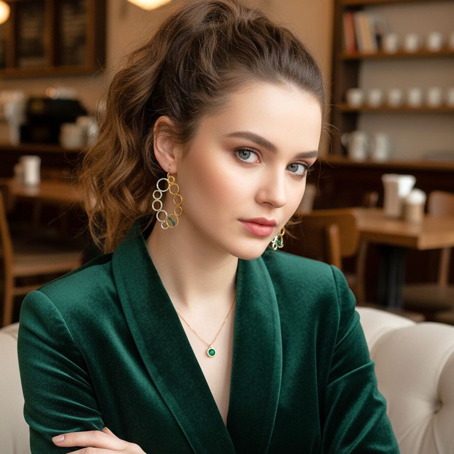 Handmade Gold Plated Silver Earrings Circles With Green Agate