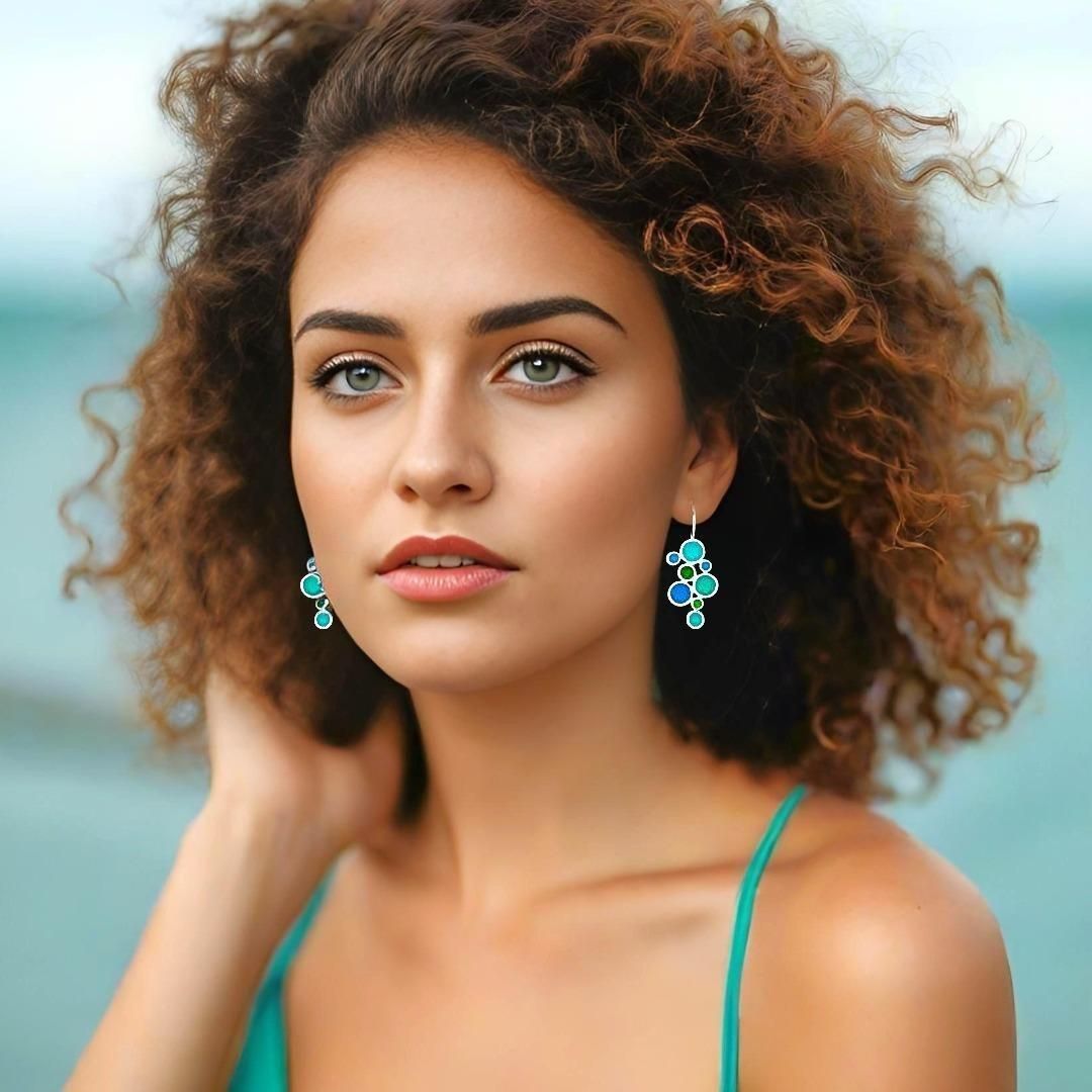 Handmade Silver Drop Earrings with Shades Of Turquoise Enamel Bubbles - Anthos Crafts