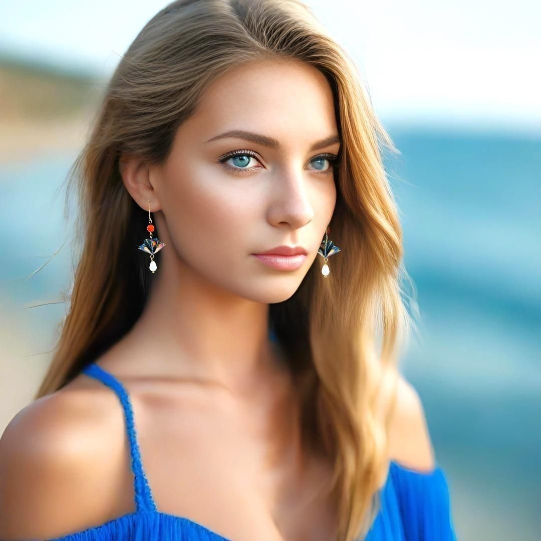 Origami Earrings Sky Blue Small Fans With Gemstones - Anthos Crafts