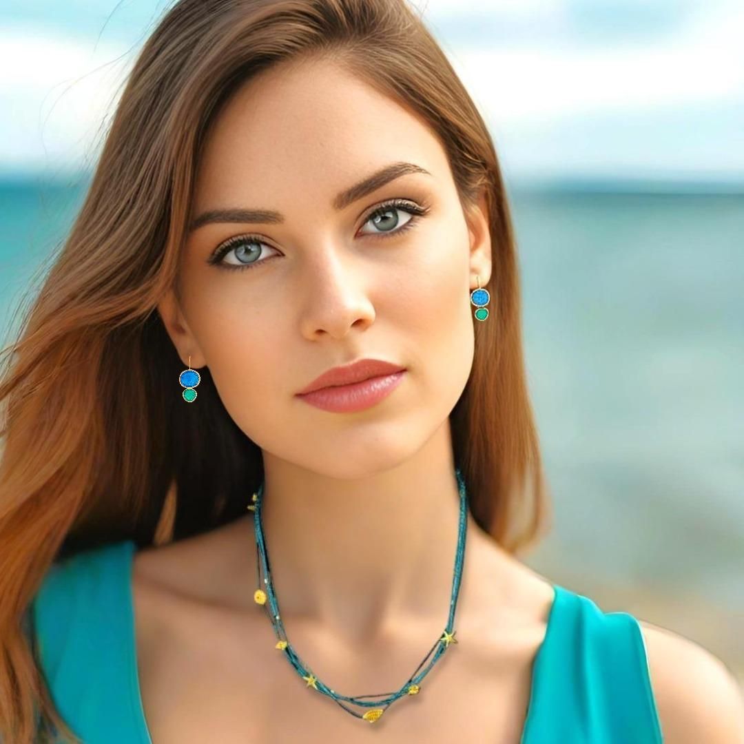 Handmade Sky Blue Layered Necklace with Gold Plated Silver Sea Elements - Anthos Crafts