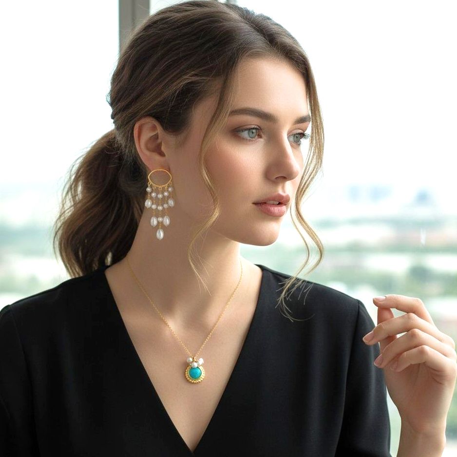 Handmade Gold Plated Silver Necklace With Amazonite &amp; Pearls