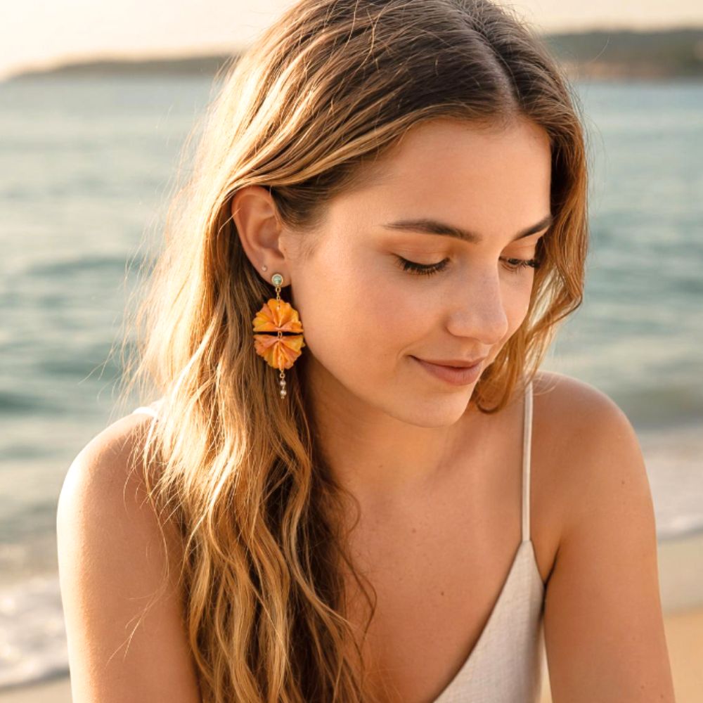 Origami Earrings Orange Yellow Double Fans With Carnelian & Pearls