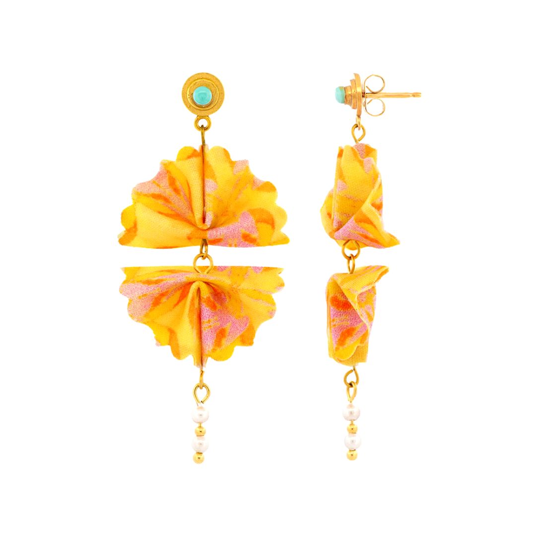 Origami Earrings Orange Yellow Double Fans With Carnelian &amp; Pearls - Anthos Crafts