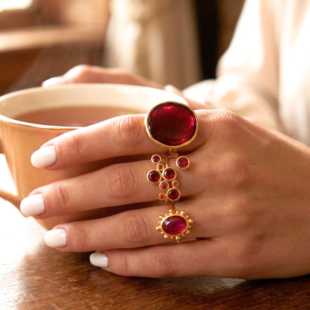 Handmade Gold Plated Silver Enamel Ring Red Pebble