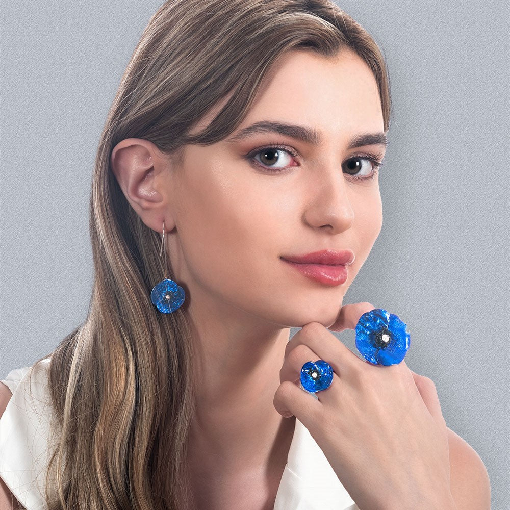 Handmade Sterling Silver Sky Blue Poppy Flower Drop Earrings - Anthos Crafts