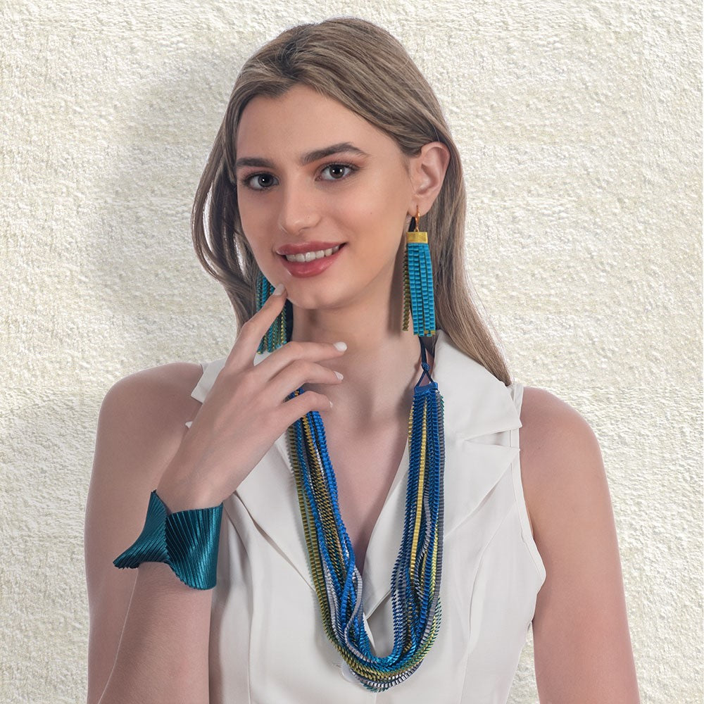 Satin Pleated Earrings Essilp Turquoise Gold E-TG - Anthos Crafts
