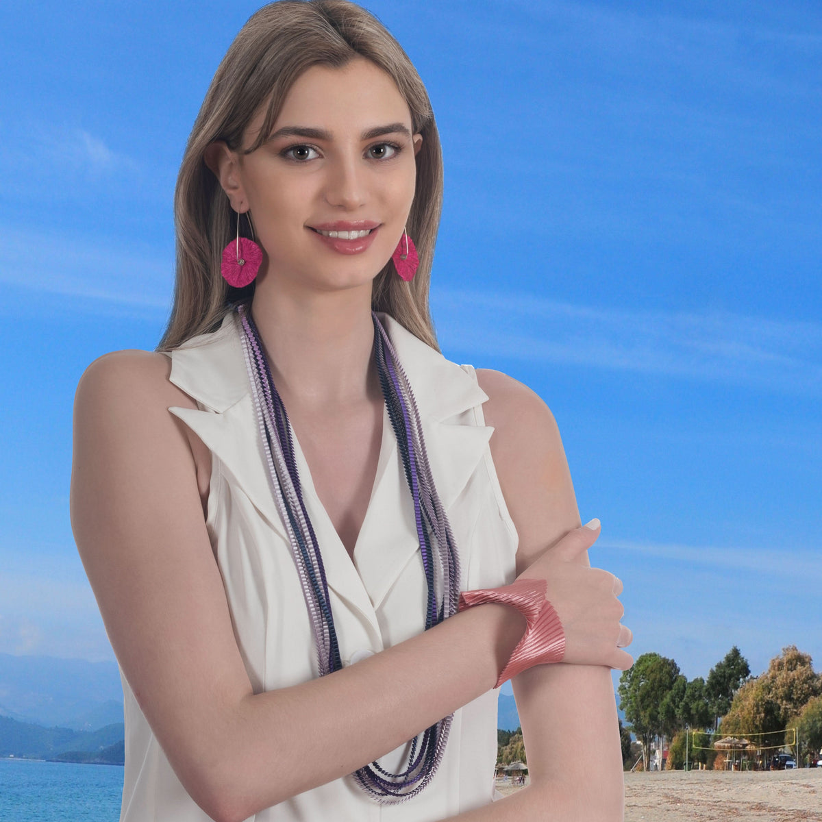 Satin Pleated Necklace Essilp Purple Blue Lavender KL302 - Anthos Crafts