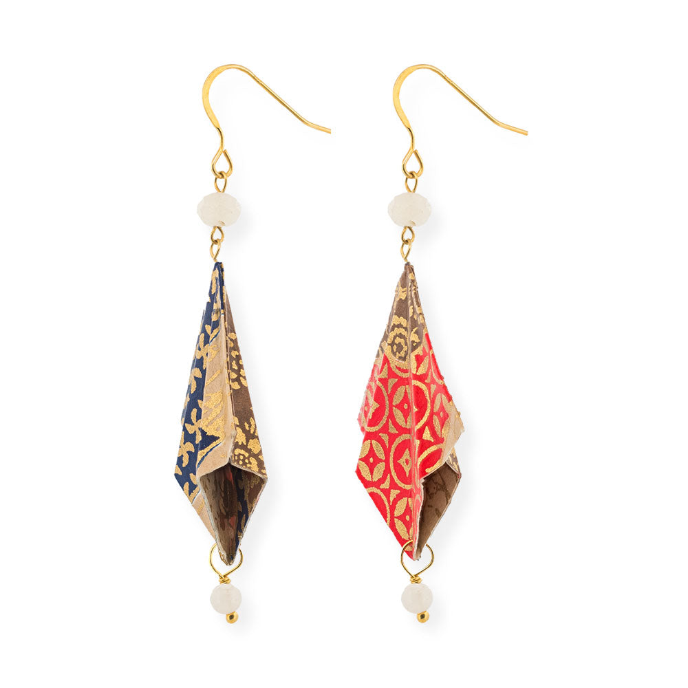 Origami Earrings Gold Blue Red Kimonos Double Design With Gemstones - Anthos Crafts