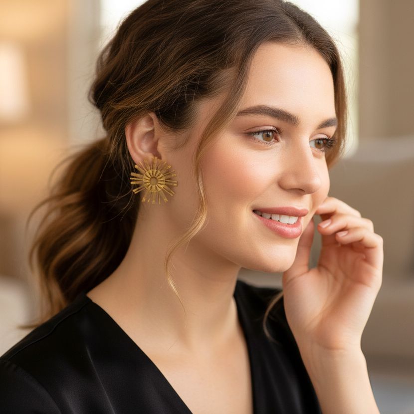 Satin Pleated Stud Earrings Bloom Dark Gold BL-EAR-XA - Anthos Crafts
