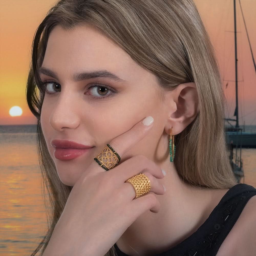 Handmade Gold Plated Silver Hoop Earrings With Green Agate - Anthos Crafts