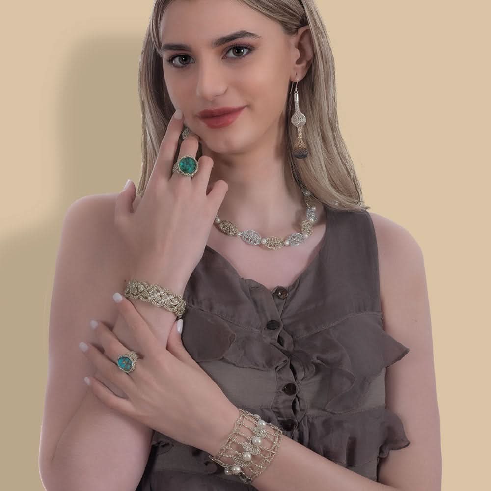 Handmade Gold Plated Crochet Ring With Turquoise Copper Gemstone - Anthos Crafts