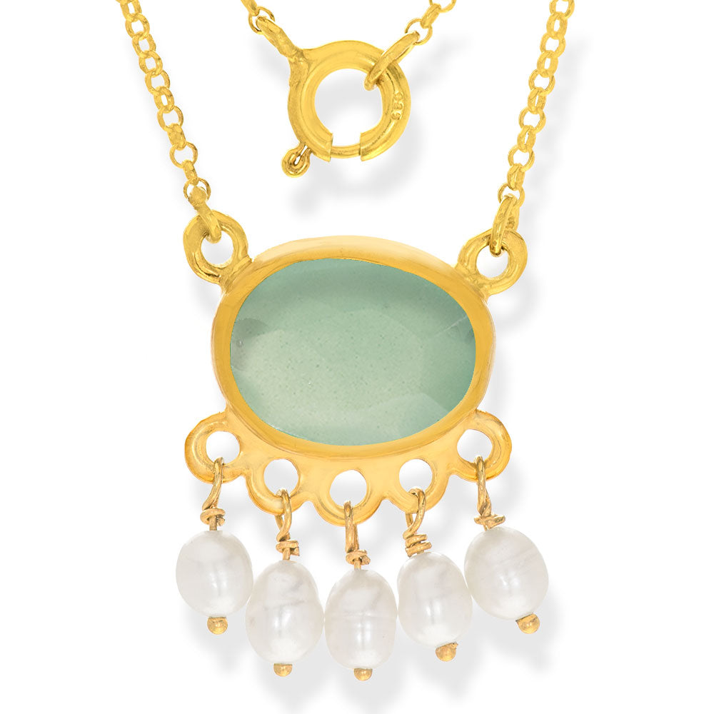 Handmade Short Gold Plated Silver Chain Necklace With Chalcedony & Pearls - Anthos Crafts