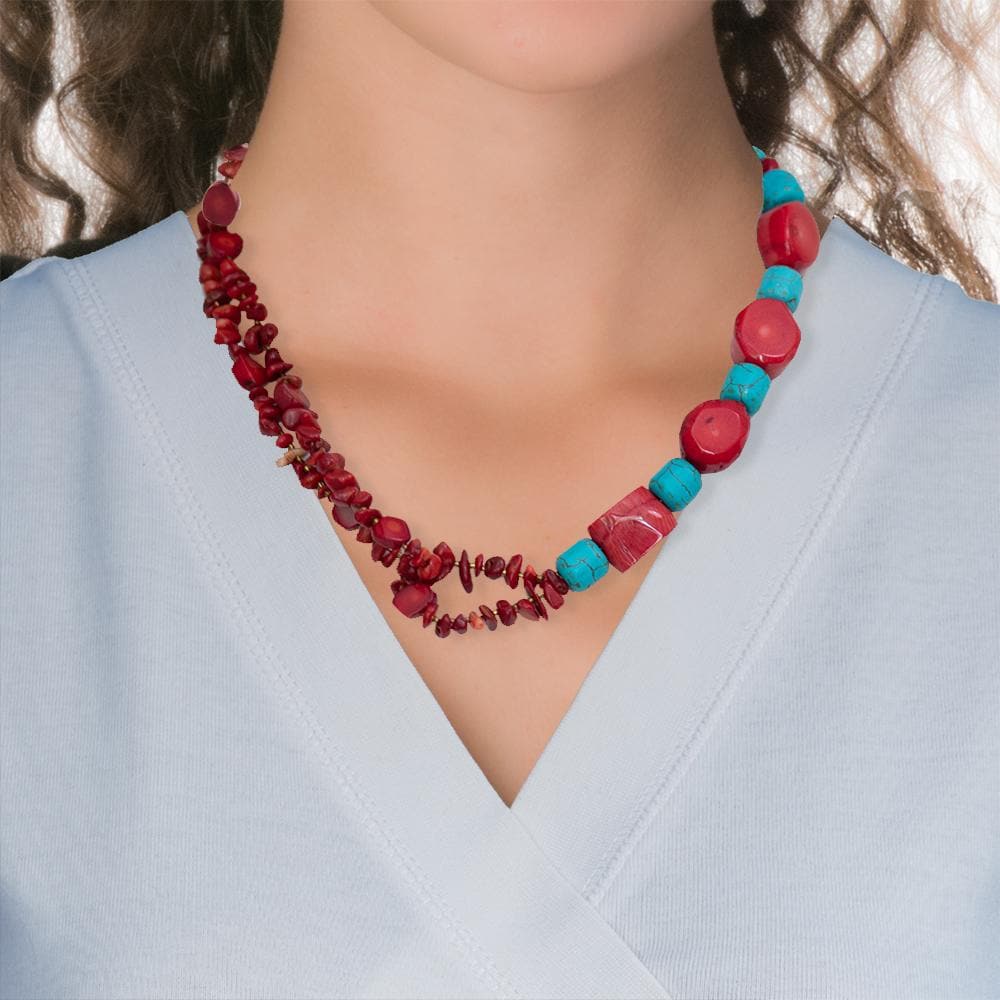 Handmade Short Necklace With Coral & Howlite Gemstones - Anthos Crafts
