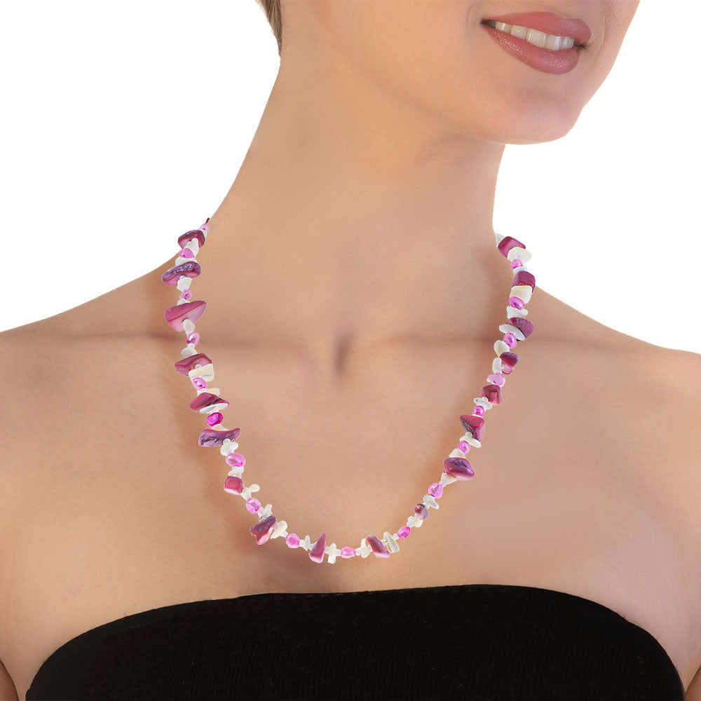 Handmade Short Necklace With Corals Red & Fuchsia & Freshwater Pearls - Anthos Crafts