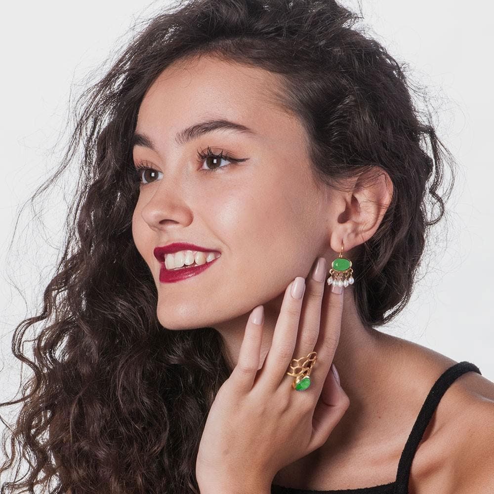 Handmade Gold Plated Silver Drop Earrings With Chalcedony Stones & Pearls - Anthos Crafts