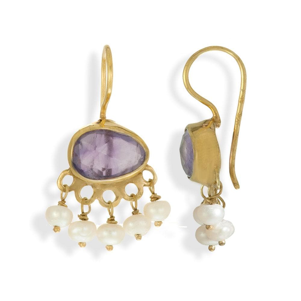 Handmade Gold Plated Silver Drop Earrings With Amethyst Stones &amp; Pearls - Anthos Crafts