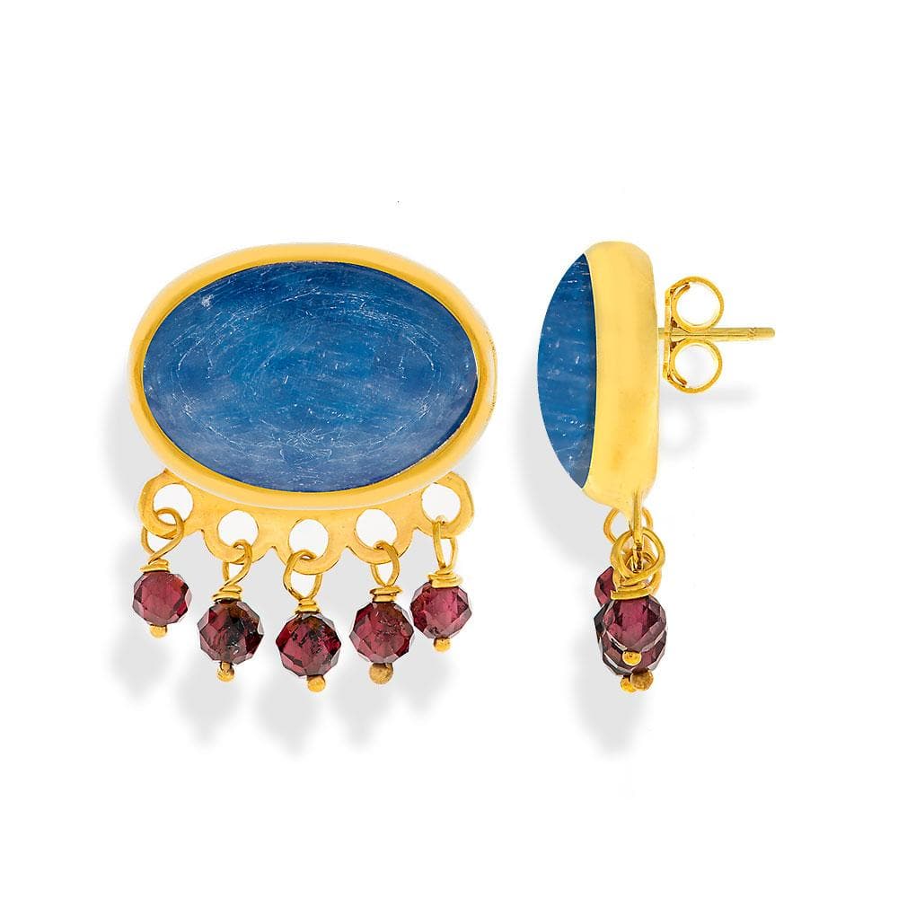 Handmade Gold Plated Silver Stud Earrings With Kyanite &amp; Rhodolite Gemstones - Anthos Crafts