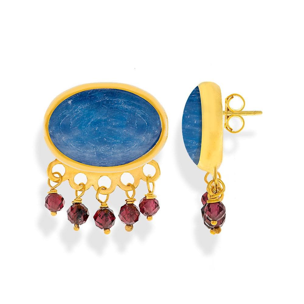 Handmade Gold Plated Silver Stud Earrings With Kyanite & Rhodolite Gemstones - Anthos Crafts