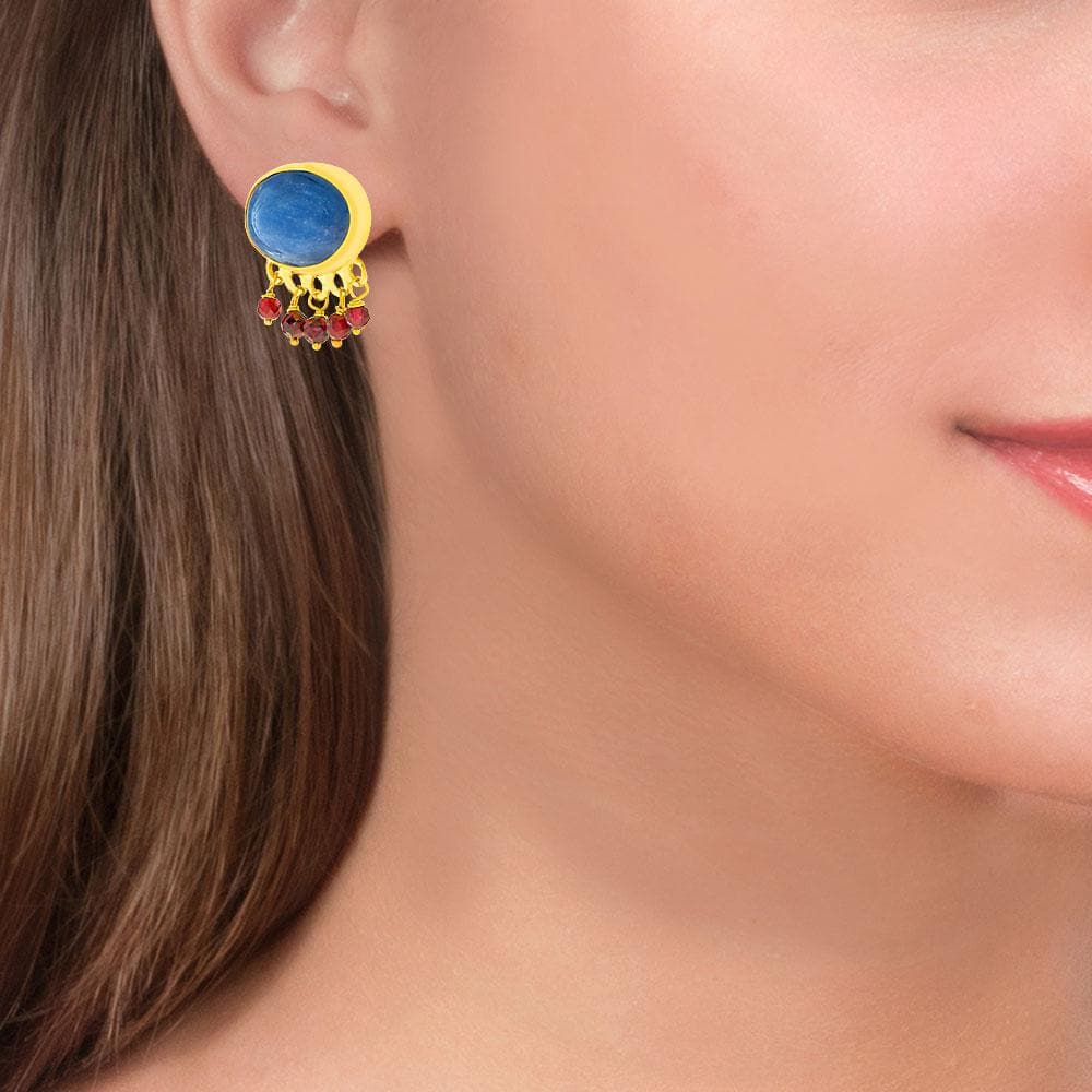 Handmade Gold Plated Silver Stud Earrings With Kyanite & Rhodolite Gemstones - Anthos Crafts