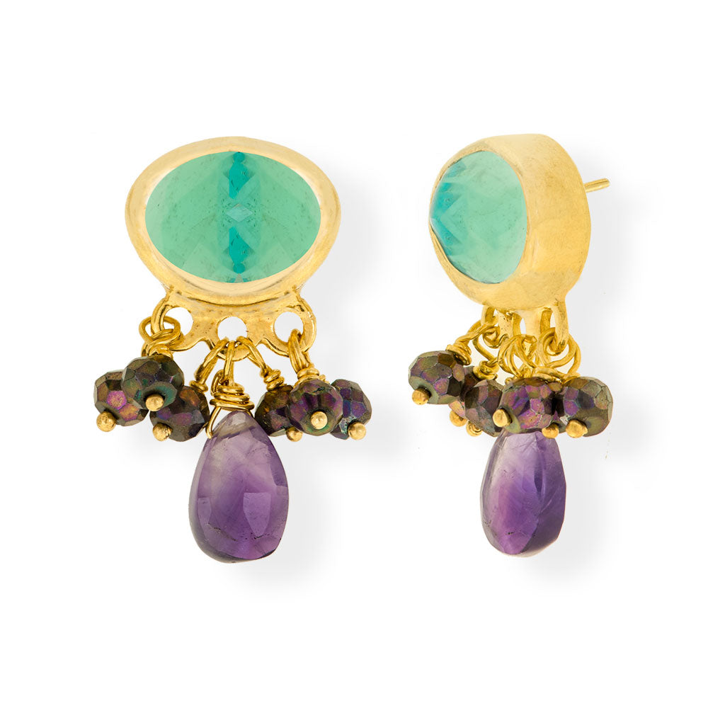 Handmade Gold Plated Silver Stud Earrings With Aqua Quartz, Spinel & Amethyst Gemstones - Anthos Crafts