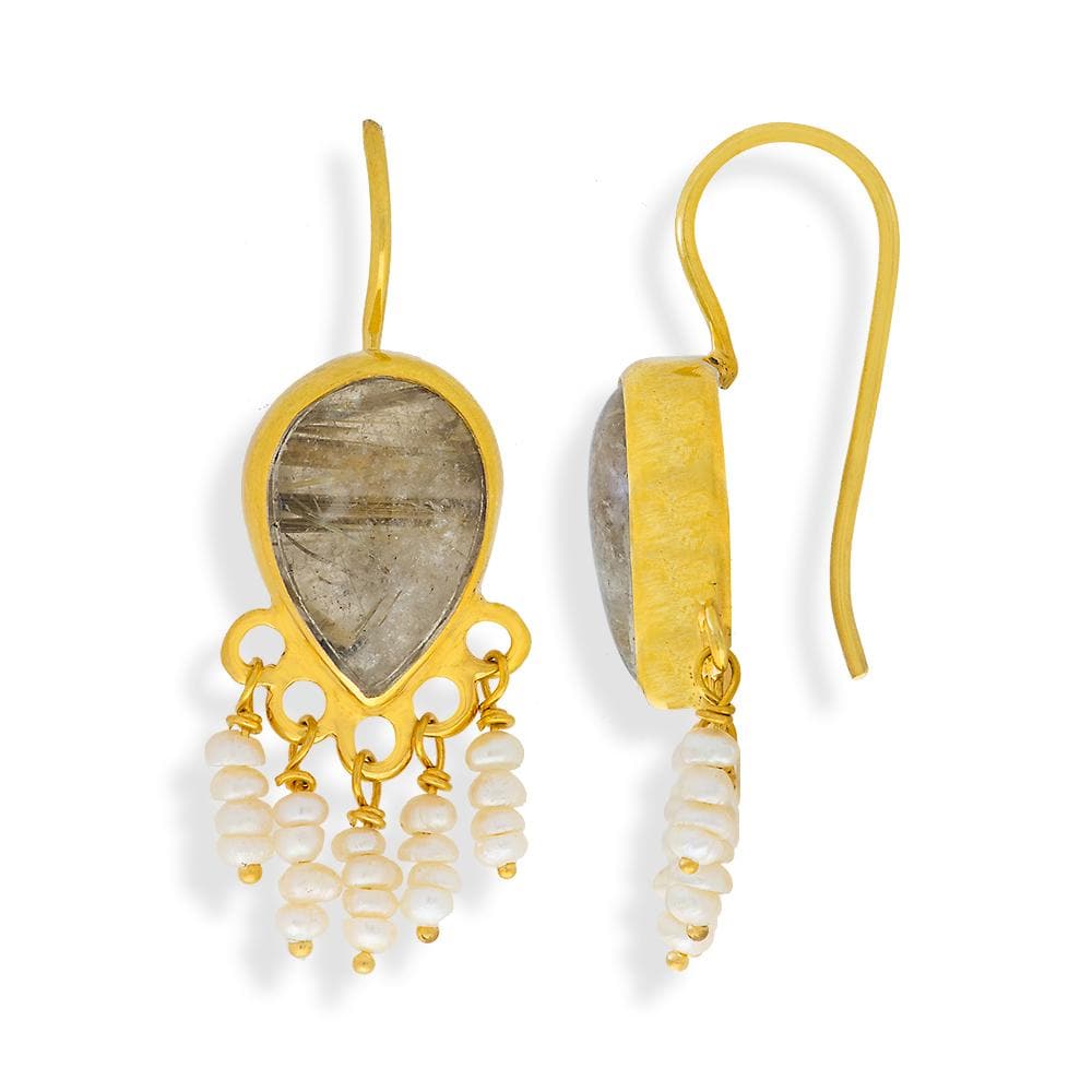 Handmade Gold Plated Silver Drop Earrings With Rutile Stones & Pearls - Anthos Crafts