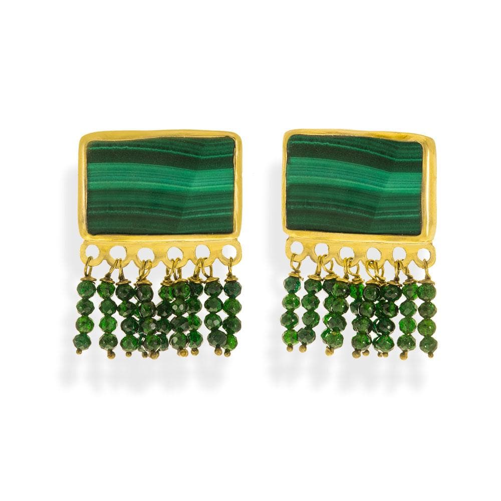 Handmade Gold Plated Silver Stud Earrings With Malachite & Sand Stones - Anthos Crafts