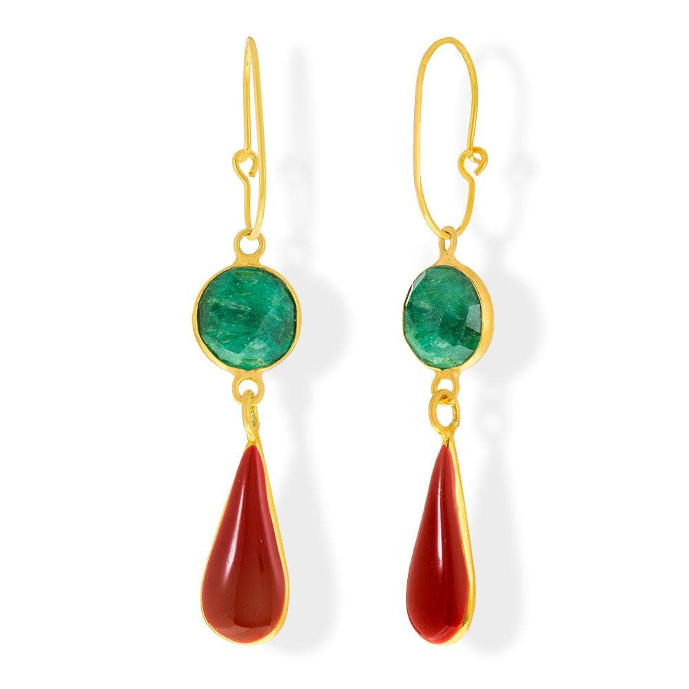 Handmade Gold Plated Silver Lacrima Earrings With Green Jade & Red Enamel - Anthos Crafts