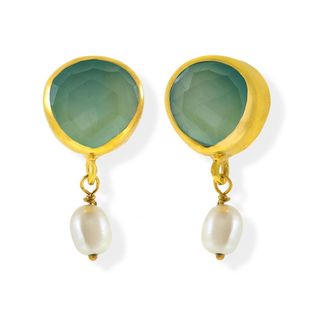 Handmade Gold Plated Silver Stud Earrings With Chalcedony Gemstones &amp; Pearls - Anthos Crafts