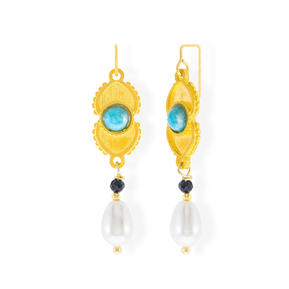 Handmade Gold Plated Silver Drop Earrings Evil Eyes With Amazonite & Pearls - Anthos Crafts