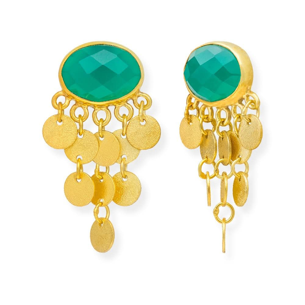 Handmade Gold Plated Silver Stud Earrings With Green Onyx & Lucky Pennies - Anthos Crafts