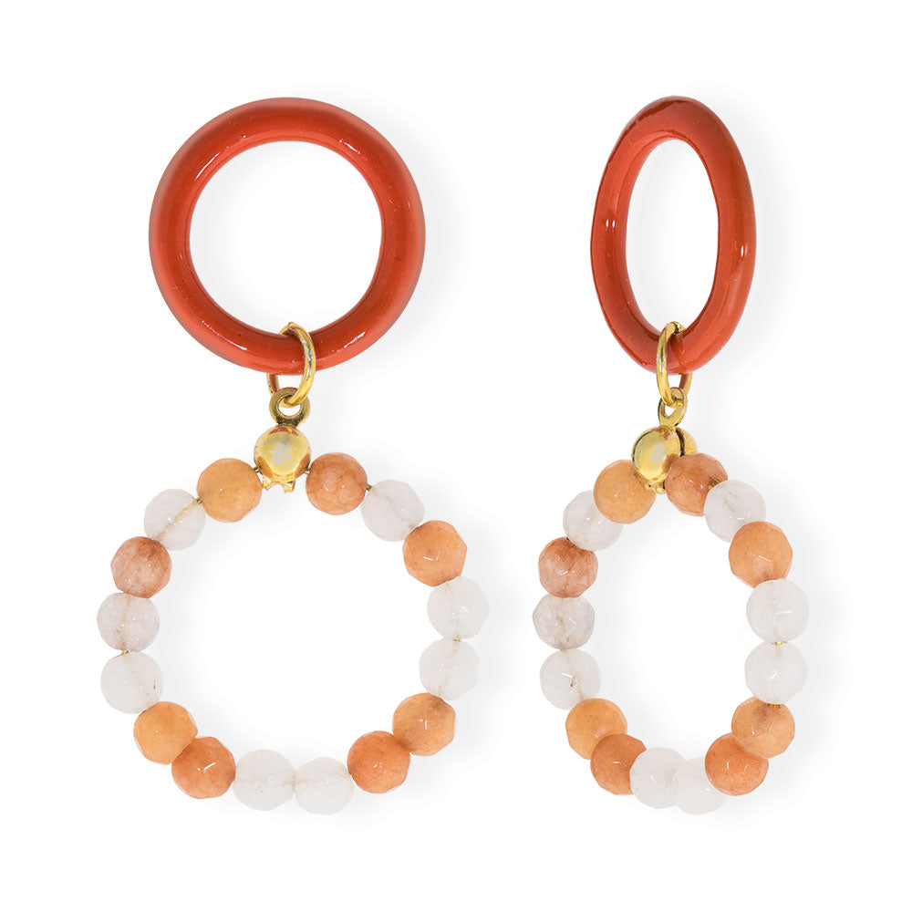 Handmade Gold Plated Silver Long Dangle Earrings With Orange Enamel &amp; Agate - Anthos Crafts