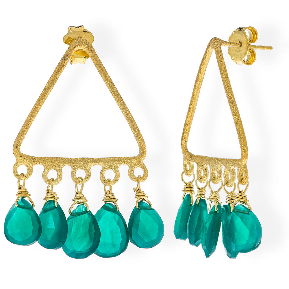 Handmade Gold Plated Silver Dangle Earrings With Green Onyx Gemstones - Anthos Crafts