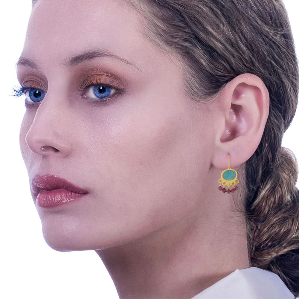 Handmade Gold Plated Silver Drop Earrings With Turquoise Quartz & Rhodolites - Anthos Crafts