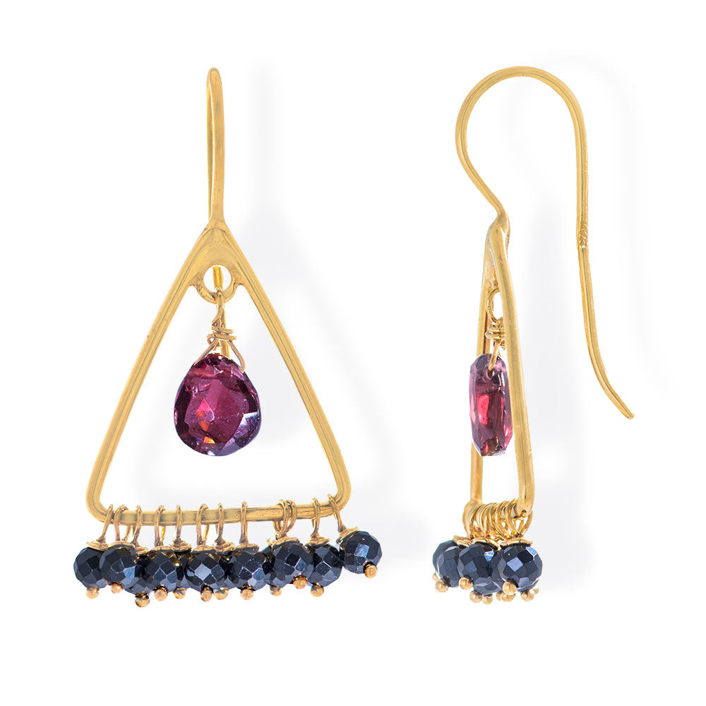 Handmade Gold Plated Silver Drop Earrings With Garnet & Spinels - Anthos Crafts