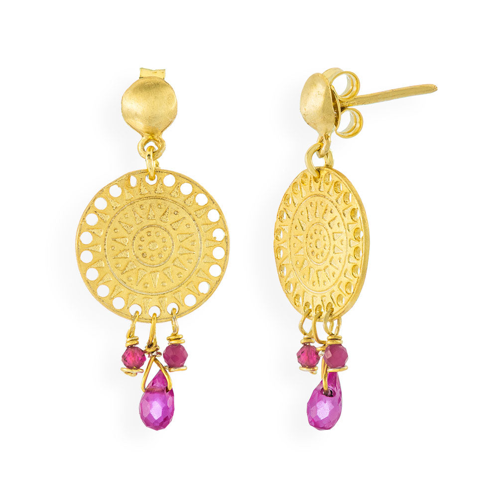 Handmade Gold Plated Silver Dangle Earrings Coins With Rubies - Anthos Crafts