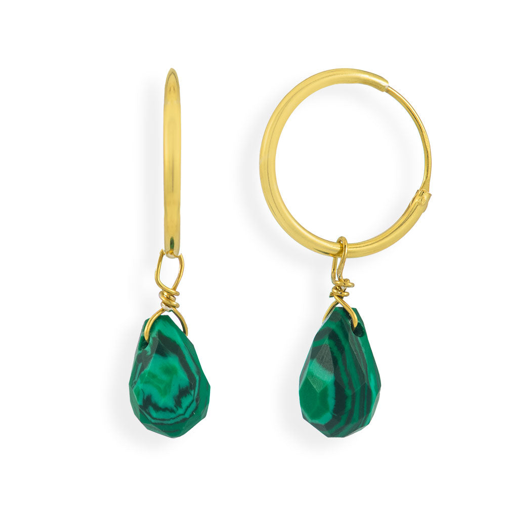 Handmade Gold Plated Silver Hoop Earrings With Malachites - Anthos Crafts