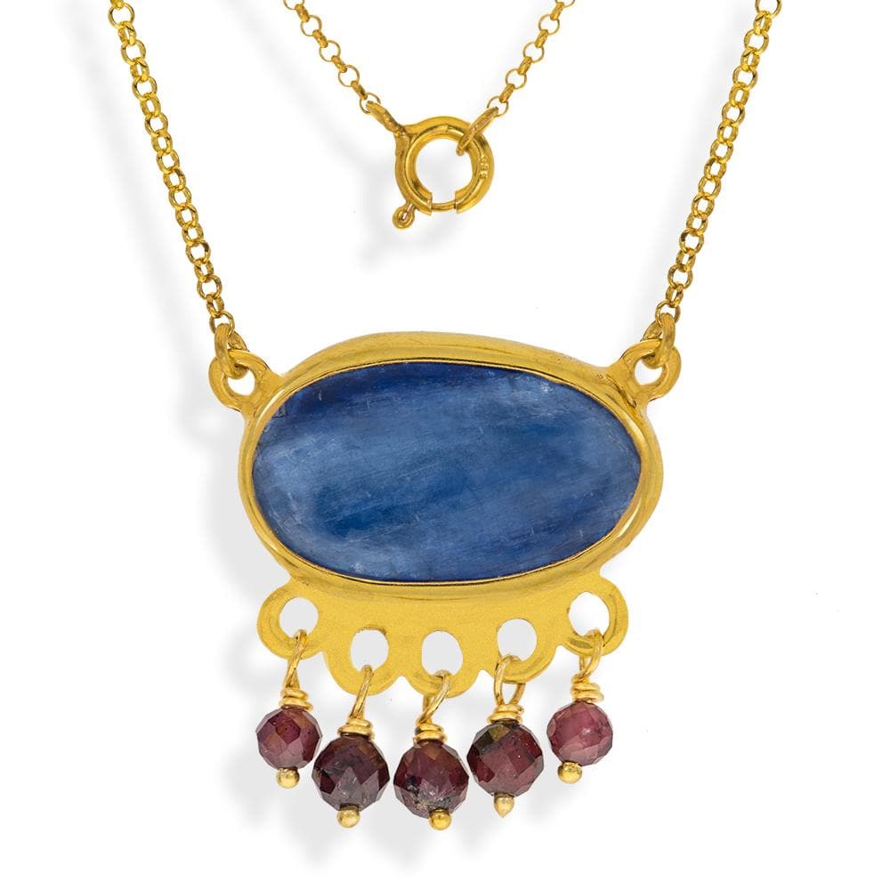Handmade Short Gold Plated Silver Chain Necklace With Kyanite & Rhodolite Gemstones - Anthos Crafts