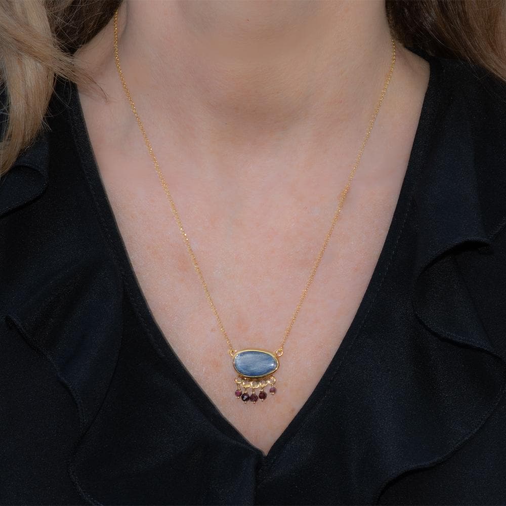 Handmade Short Gold Plated Silver Chain Necklace With Kyanite & Rhodolite Gemstones - Anthos Crafts