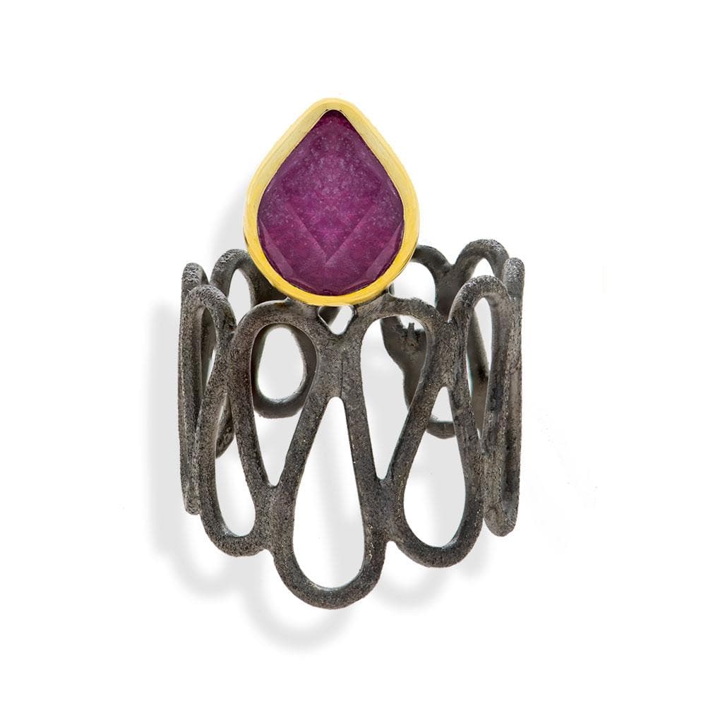 Handmade Black & Gold Plated Silver Ring With A Ruby Quartz Gemstone - Anthos Crafts