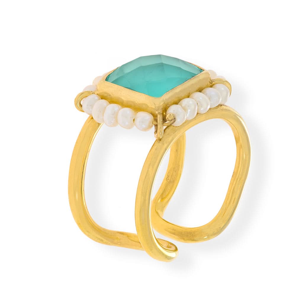 Handmade Gold Plated Silver Ring With Aqua Calchedony Gemstone & Freshwater Pearls - Anthos Crafts