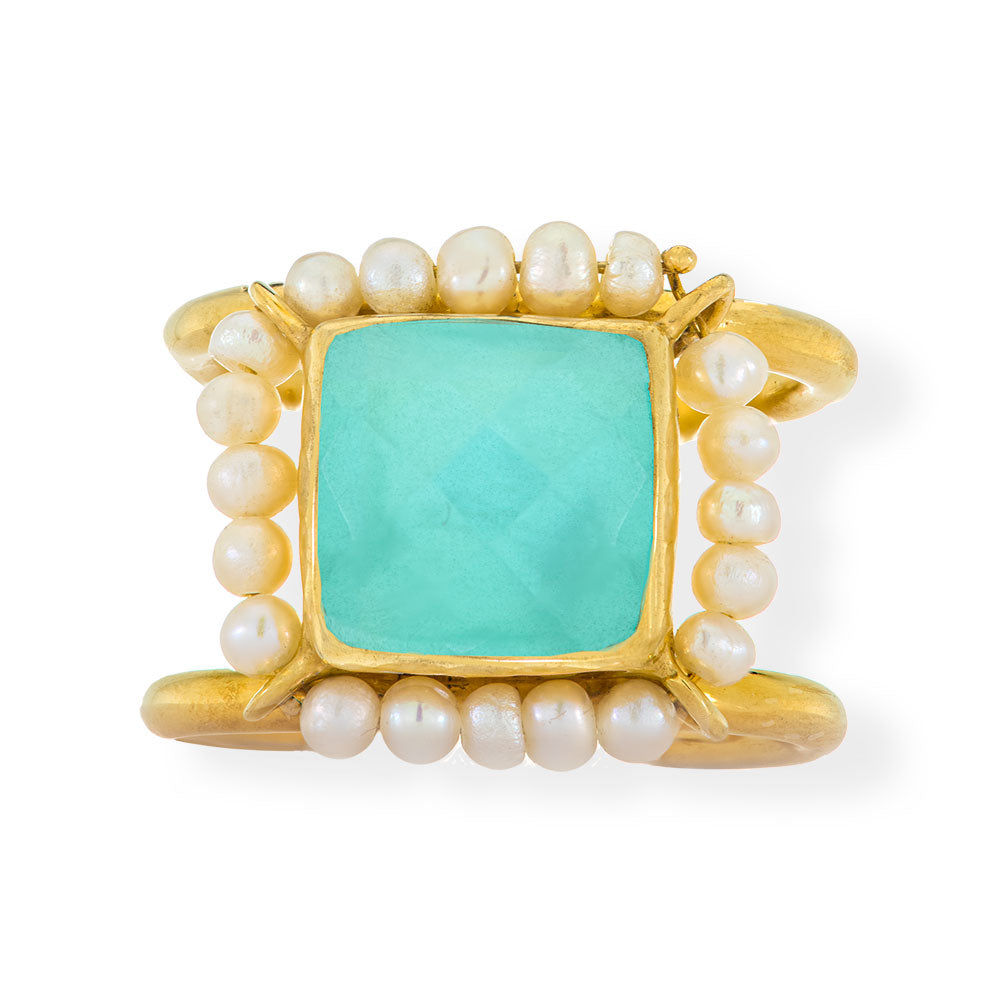 Handmade Gold Plated Silver Ring With Aqua Calchedony Gemstone & Freshwater Pearls - Anthos Crafts