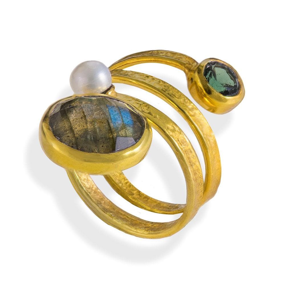 Handmade Gold Plated Silver Ring With Labradorite &amp; Pearl - Anthos Crafts