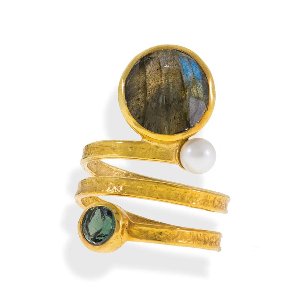 Handmade Gold Plated Silver Ring With Labradorite & Pearl - Anthos Crafts